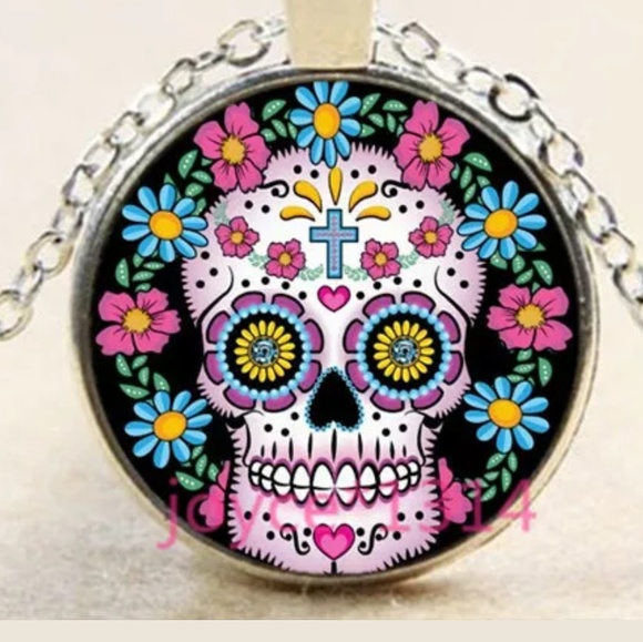 Jewelry - Flower Power Sugar Skull Silver & Glass Necklace